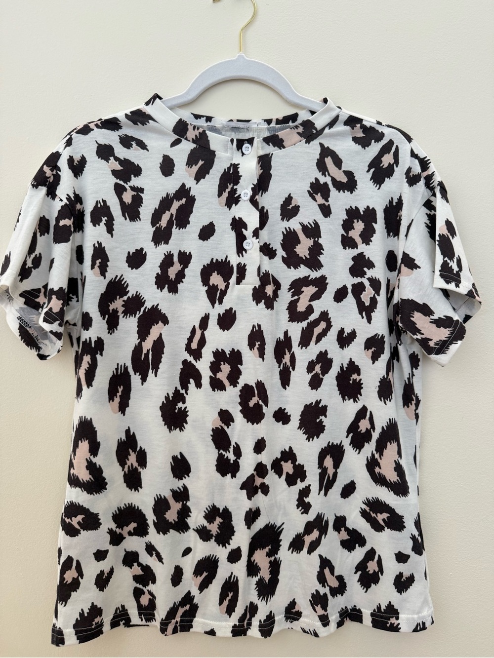 Leopard Print Short Sleeve Henley Top - Black & Cream